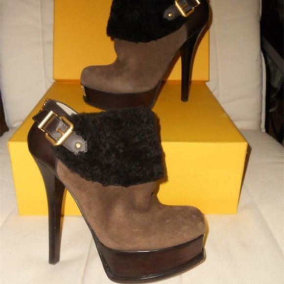 FENDI Fendista Shearling Fur Brown Suede Buckle Platform Ankle Boots - Picture 10 of 12
